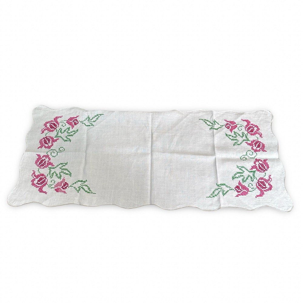 Vintage Hand Embroidered Floral Table Runner White Pink Green Gray Scalloped 33"